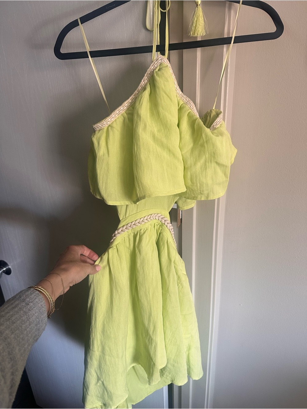DO+BE Lime Green Halter Summer Dress with Braided Trim